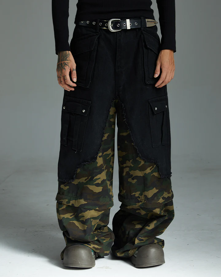 Black and Camo Distressed Cargo Pants - Image 3