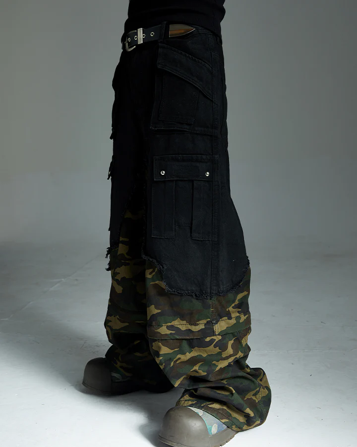 Black and Camo Distressed Cargo Pants - Image 4