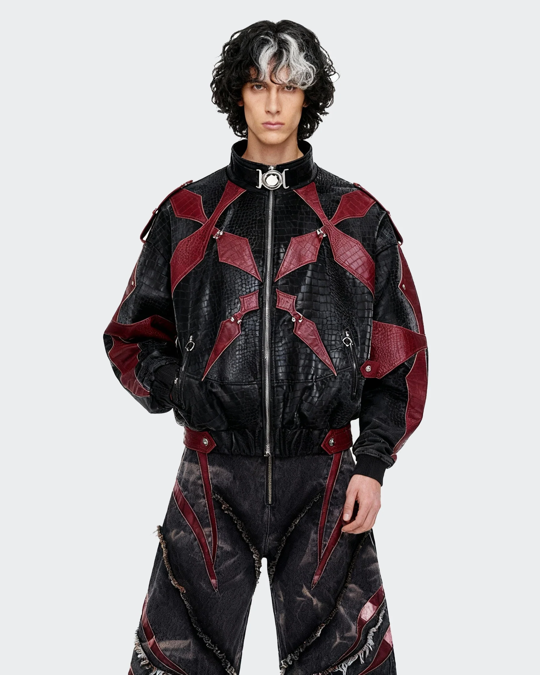 Black and Red Crocodile-Patterned Leather Patchwork Jacket - Image 2