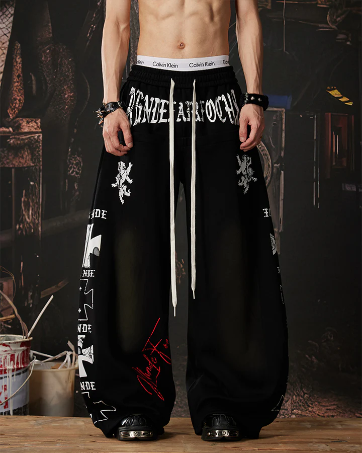 Black Gothic Letter Print Wide-Leg Sweatpants - Image 2