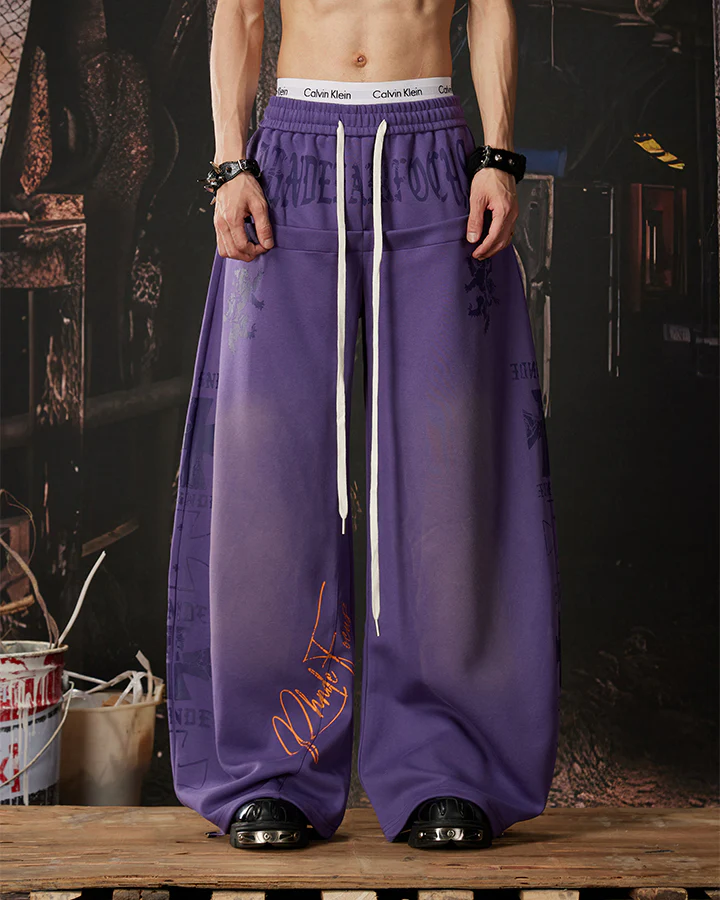 Black Gothic Letter Print Wide-Leg Sweatpants - Image 4