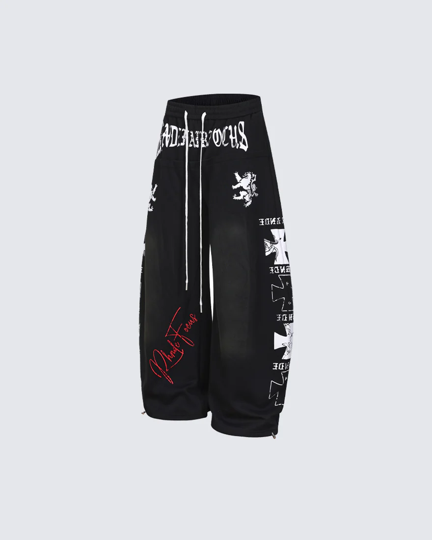 Black Gothic Letter Print Wide-Leg Sweatpants - Image 7