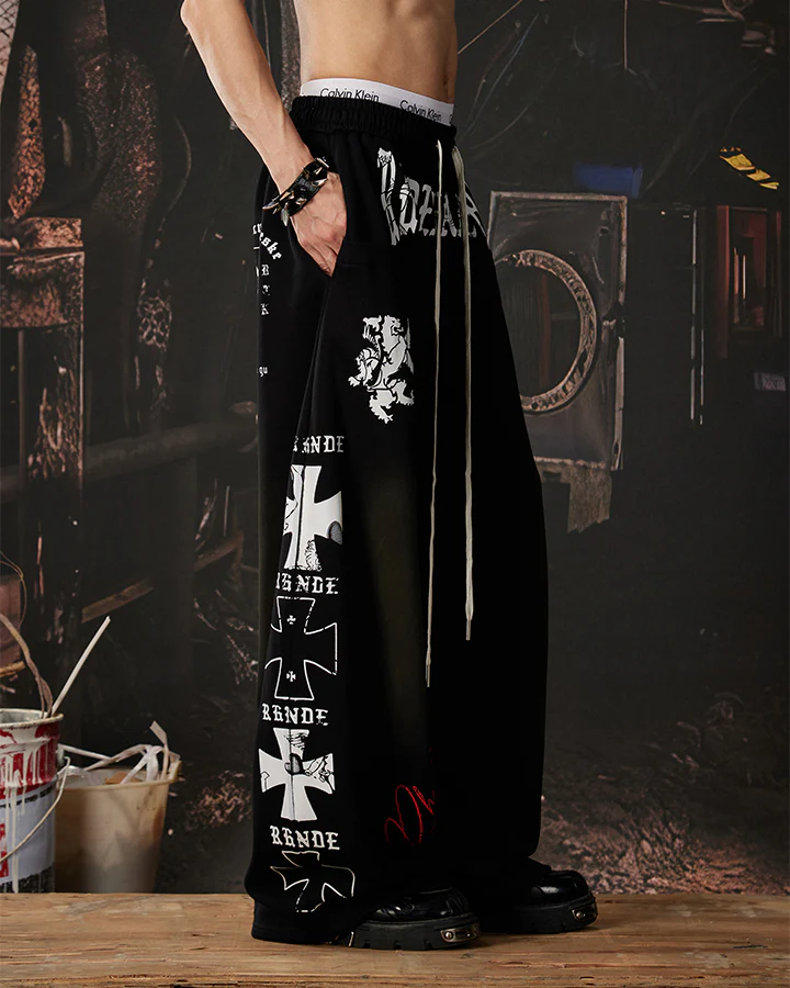 Black Gothic Letter Print Wide-Leg Sweatpants - Image 8