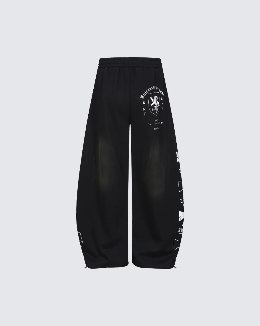 Black Gothic Letter Print Wide-Leg Sweatpants - Image 9