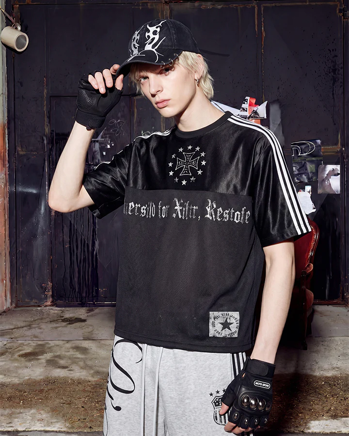 Black Gothic Letter Stripe Sport T-Shirt - Image 2