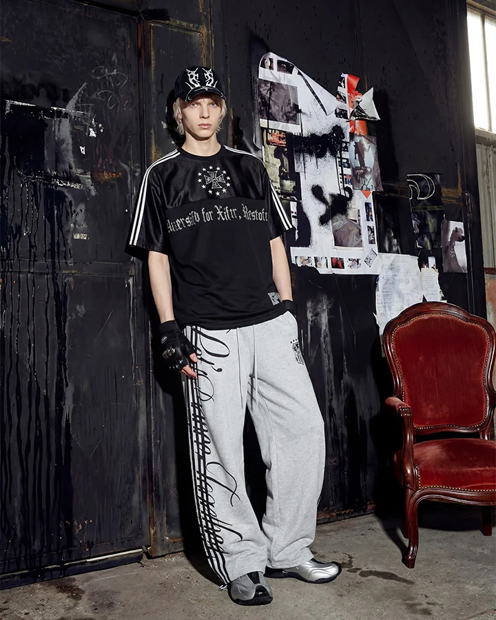 Black Gothic Letter Stripe Sport T-Shirt - Image 7