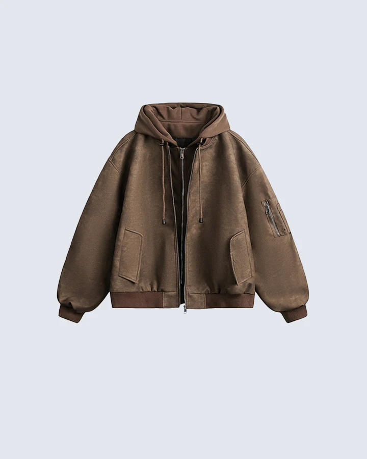 Black Leather Bomber Hoodie Jacket - Image 2