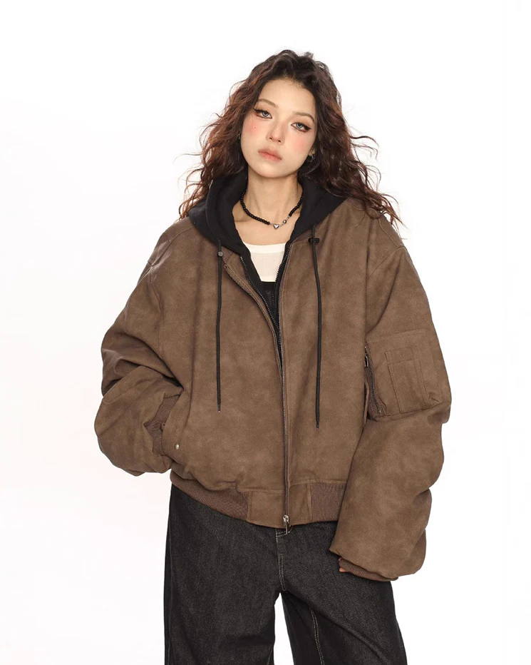 Black Leather Bomber Hoodie Jacket - Image 3