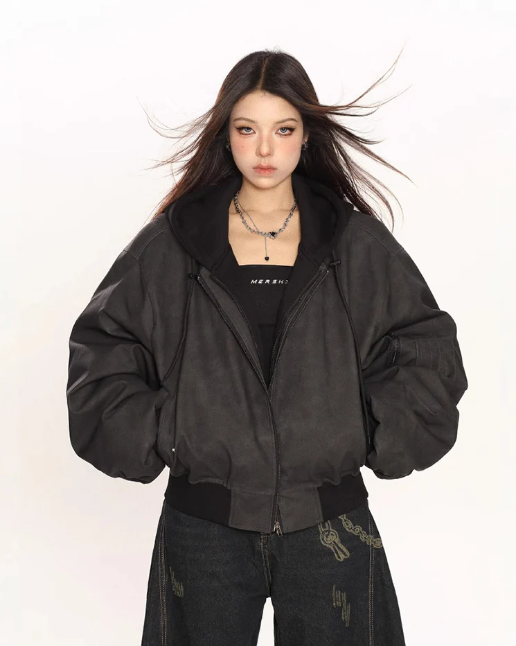 Black Leather Bomber Hoodie Jacket - Image 4