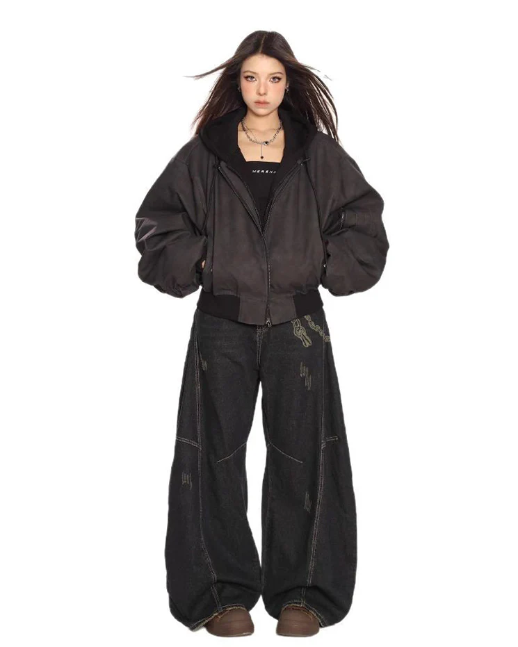 Black Leather Bomber Hoodie Jacket - Image 5