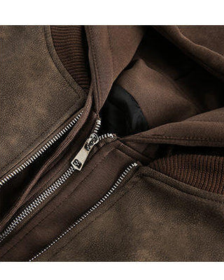 Black Leather Bomber Hoodie Jacket - Image 7