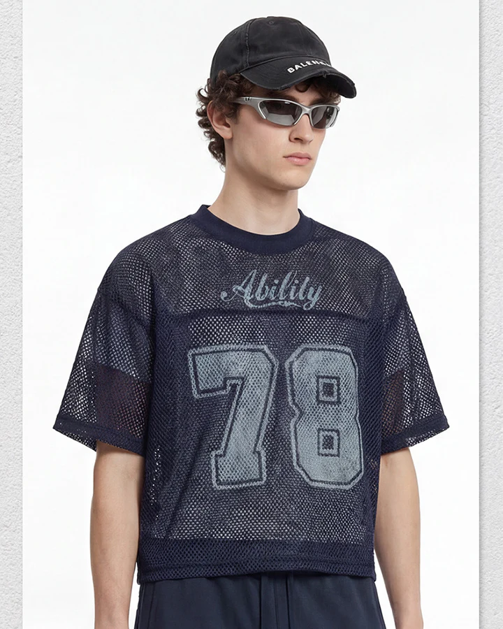 Black Mesh Number Print V-Neck T-Shirt - Image 10