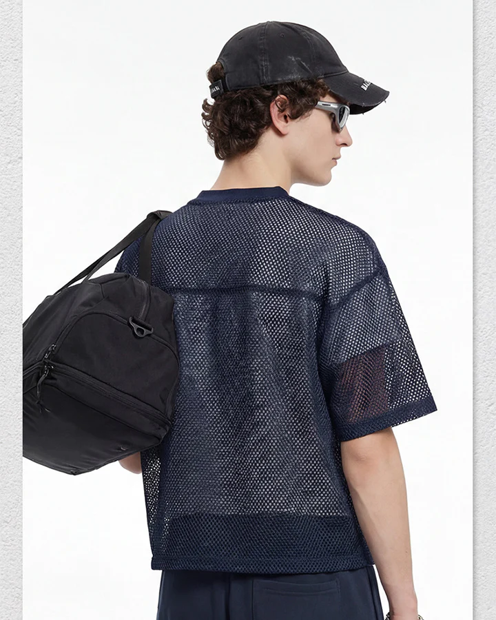 Black Mesh Number Print V-Neck T-Shirt - Image 11