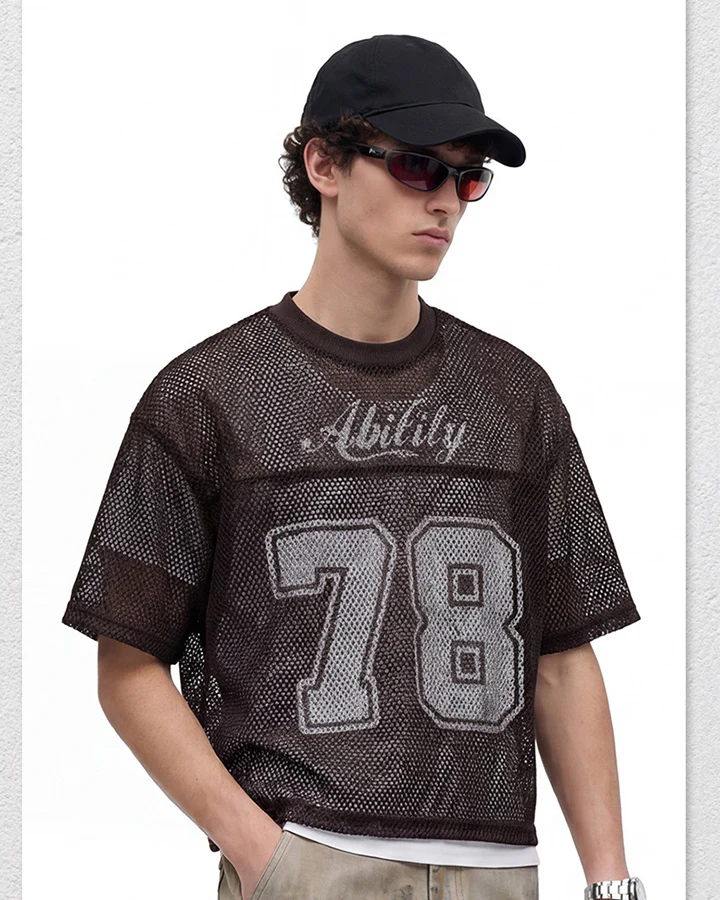 Black Mesh Number Print V-Neck T-Shirt - Image 13