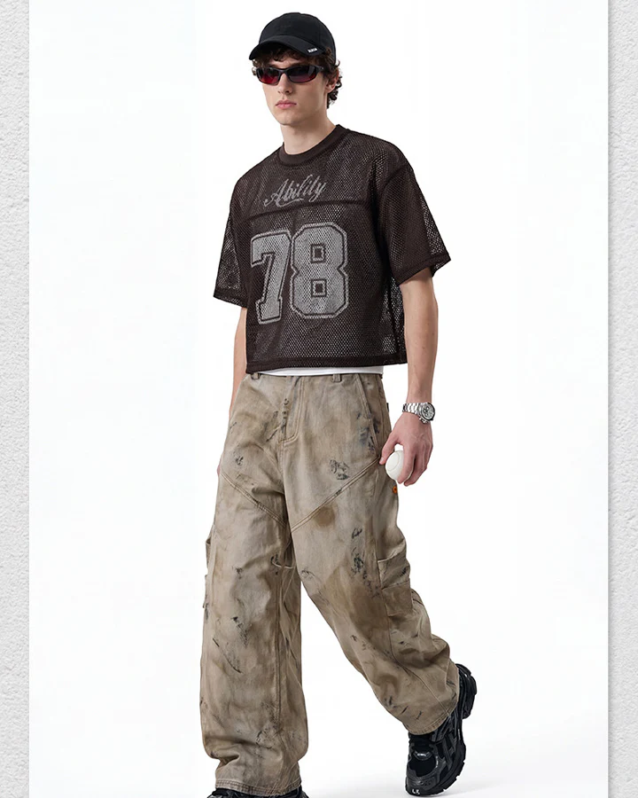 Black Mesh Number Print V-Neck T-Shirt - Image 14