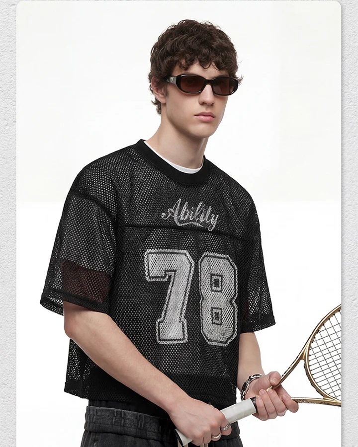 Black Mesh Number Print V-Neck T-Shirt - Image 2