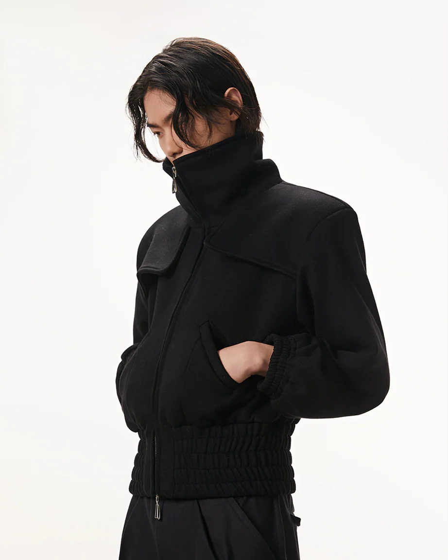 Black Wool-Blend Structured Zip-Up Jacket - Image 2