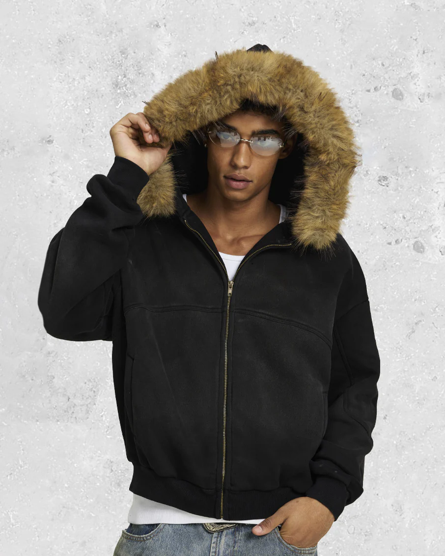 Boxy Zip Fur Collar Hoodie - Image 2