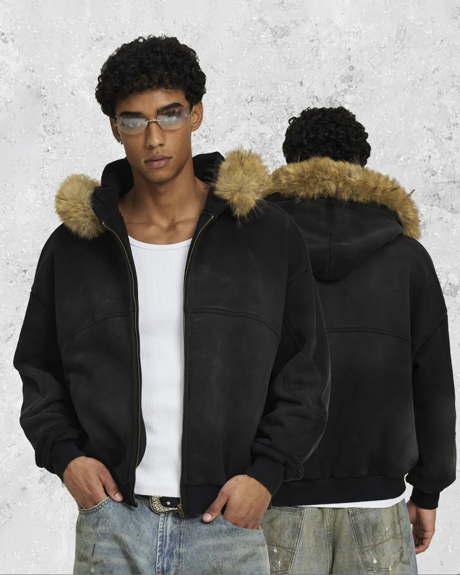 Boxy Zip Fur Collar Hoodie - Image 4