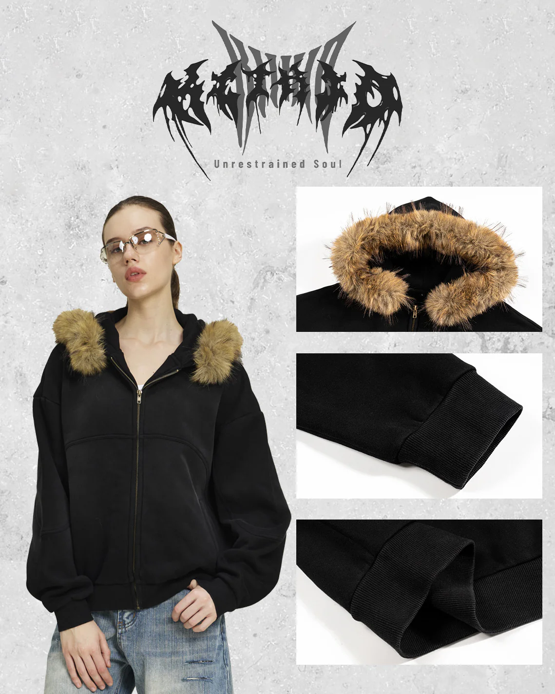Boxy Zip Fur Collar Hoodie - Image 5