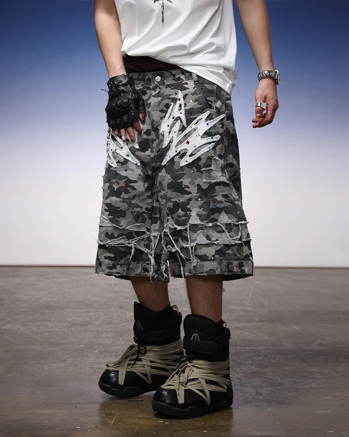 Camo Print Distressed Cargo Shorts - Image 2