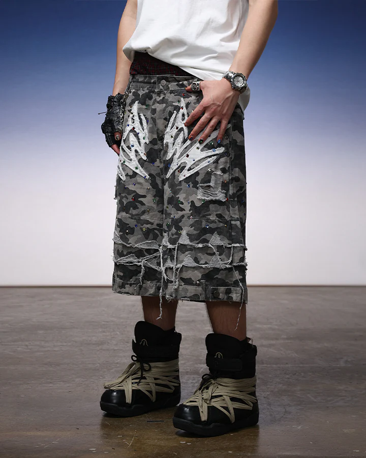 Camo Print Distressed Cargo Shorts - Image 6