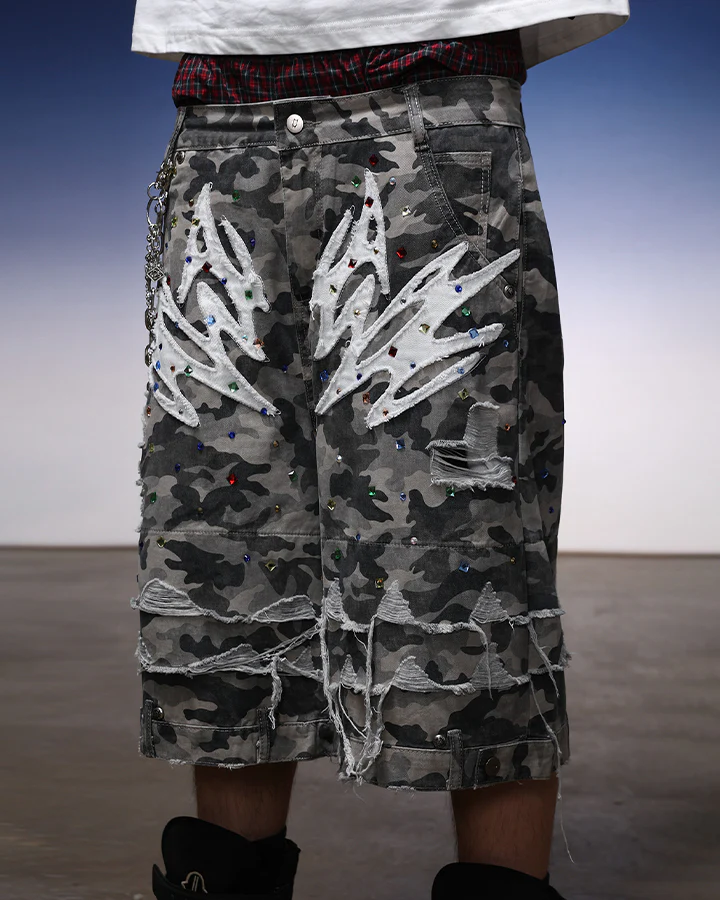 Camo Print Distressed Cargo Shorts - Image 7