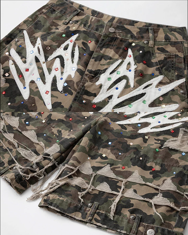 Camo Print Distressed Cargo Shorts - Image 9