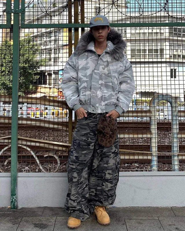 Camouflage Cargo Pants with Fur-Collar Jacket - Image 15