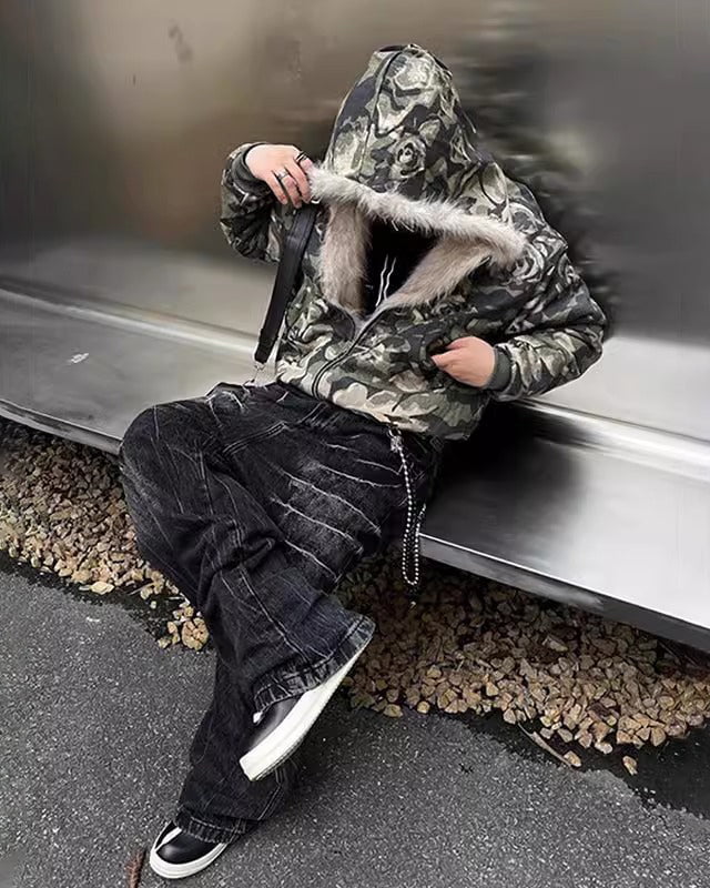 Camouflage Fur Collar Padded Jacket - Image 2