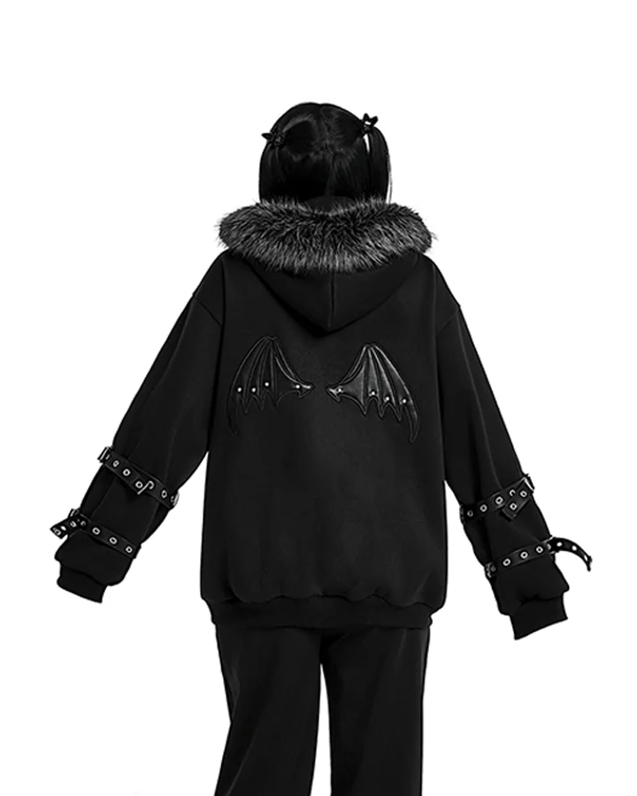 Cross Embroidered Faux Fur Hooded Jacket - Image 2