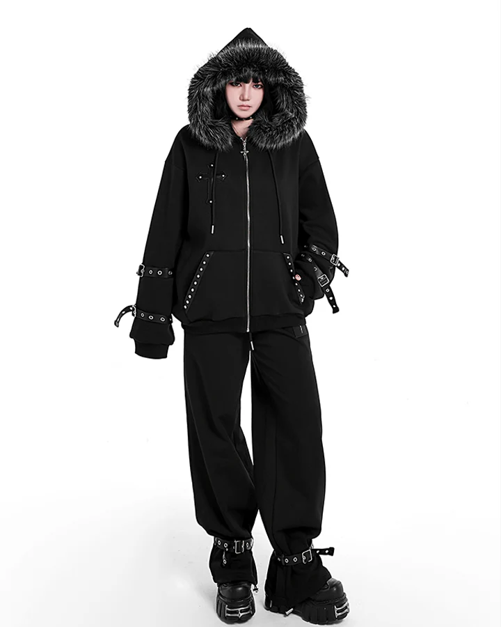Cross Embroidered Faux Fur Hooded Jacket - Image 3