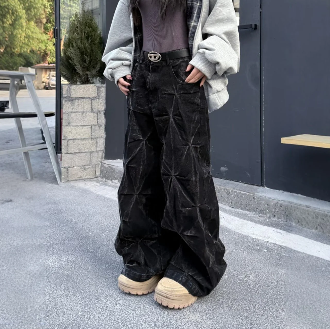Crinkled Denim Cargo Pants - Image 2