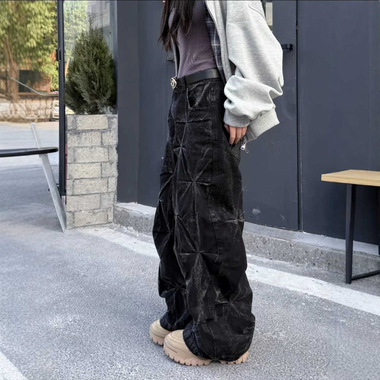 Crinkled Denim Cargo Pants - Image 6