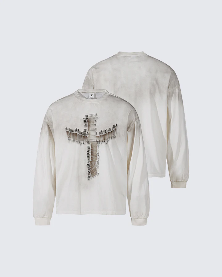Distressed Cross Graphic Long Sleeve T-Shirt - Image 2