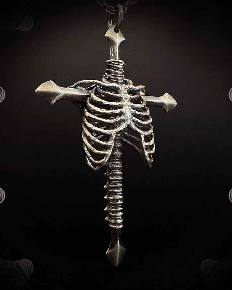 Dark Gothic Rib Cross Necklace - Image 3