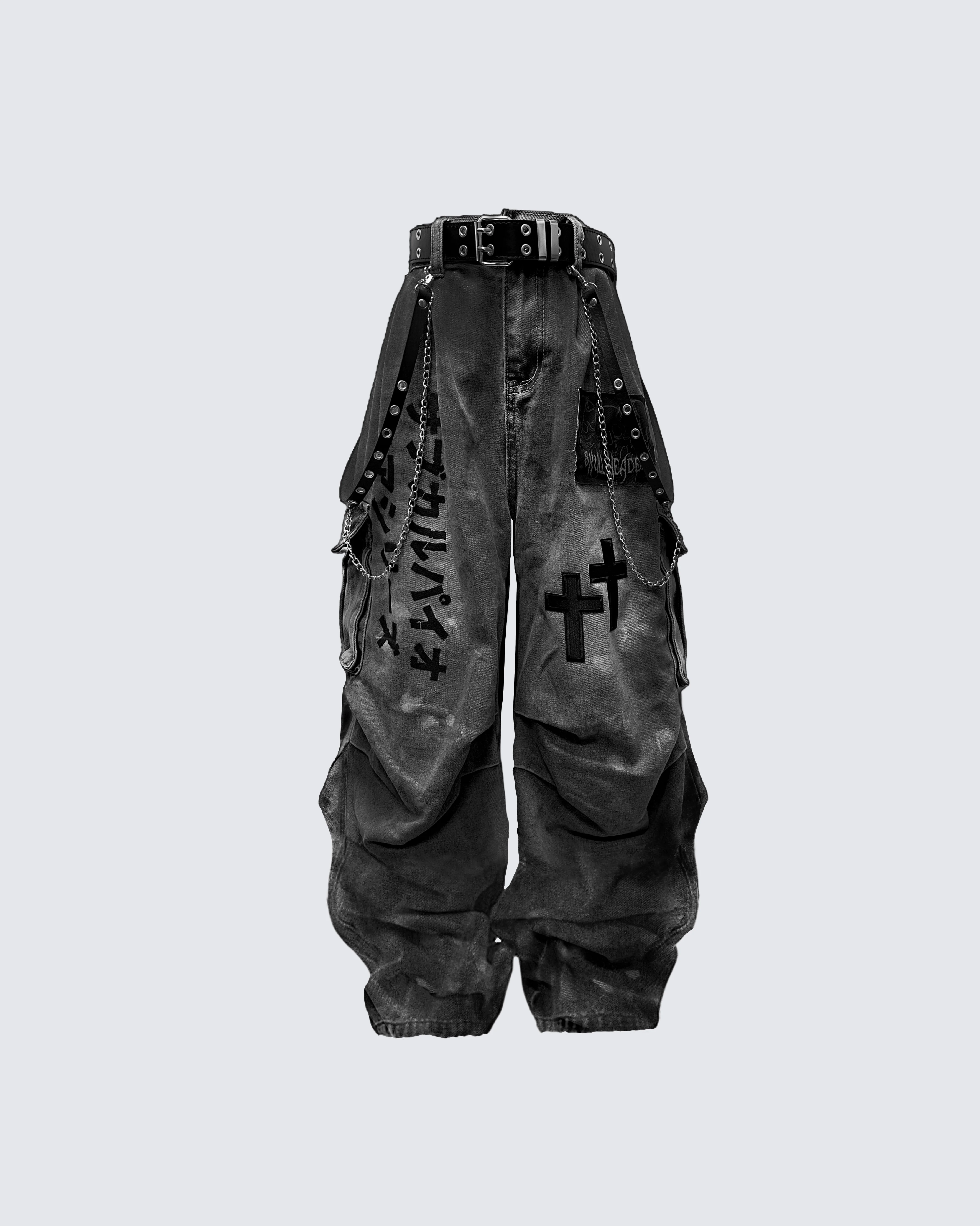 Dark Graffiti Patchwork Cargo Jeans（Free Belt and Chain Included） - Image 4