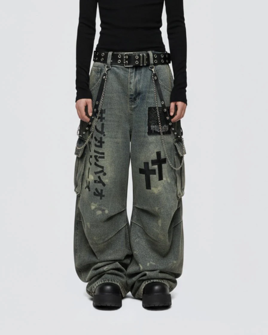 Dark Graffiti Patchwork Cargo Jeans（Free Belt and Chain Included） - Image 5