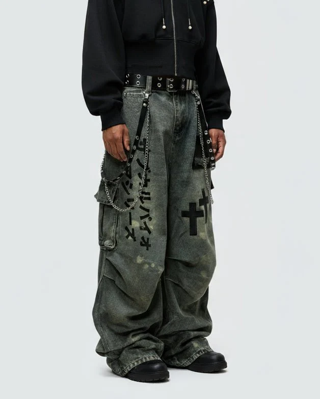 Dark Graffiti Patchwork Cargo Jeans（Free Belt and Chain Included） - Image 6