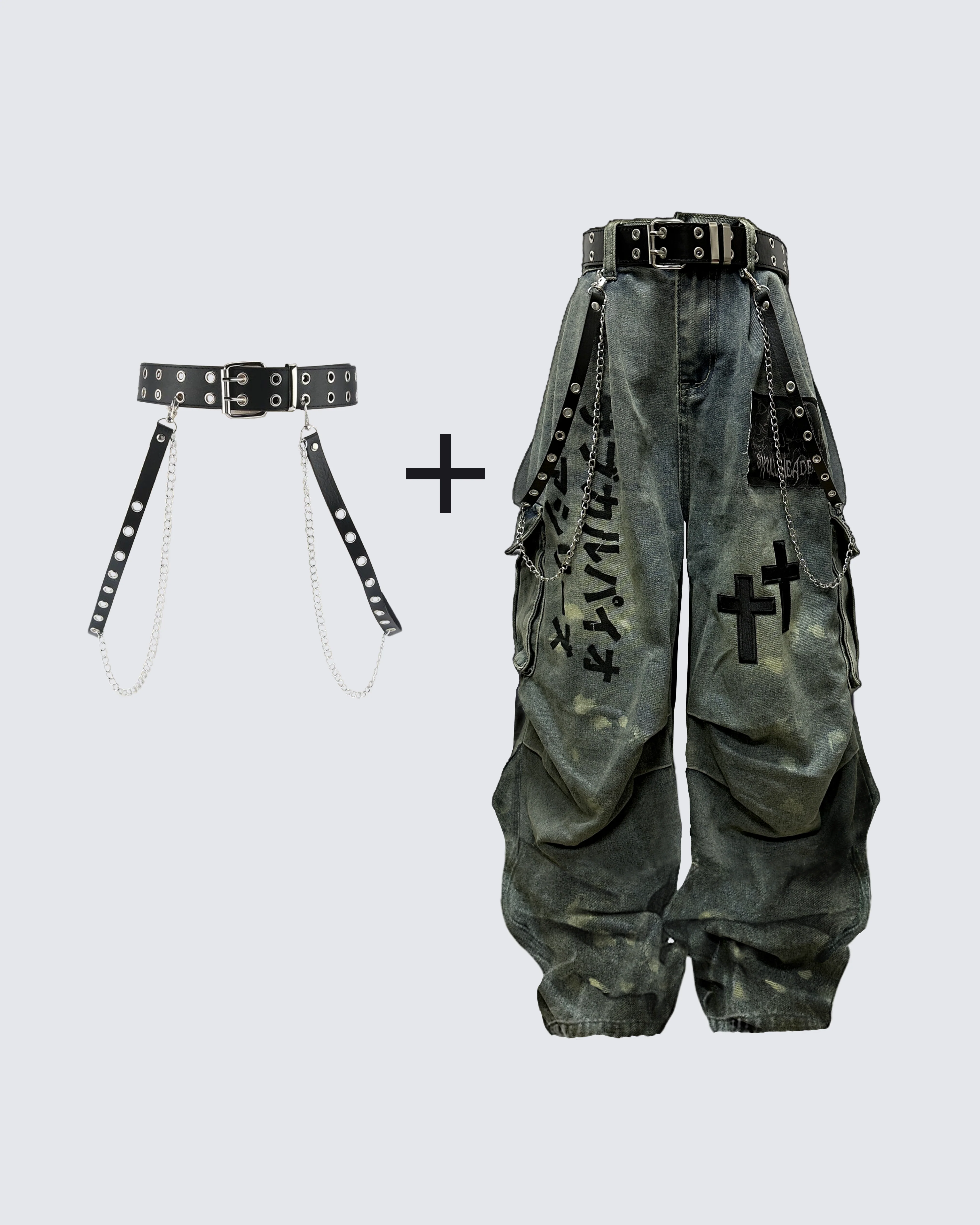 Dark Graffiti Patchwork Cargo Jeans（Free Belt and Chain Included） - Image 7