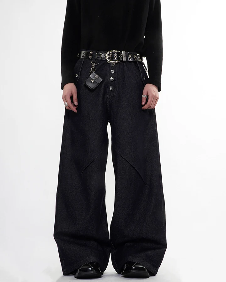 Dark Indigo Button Front Wide Denim Pants - Image 2