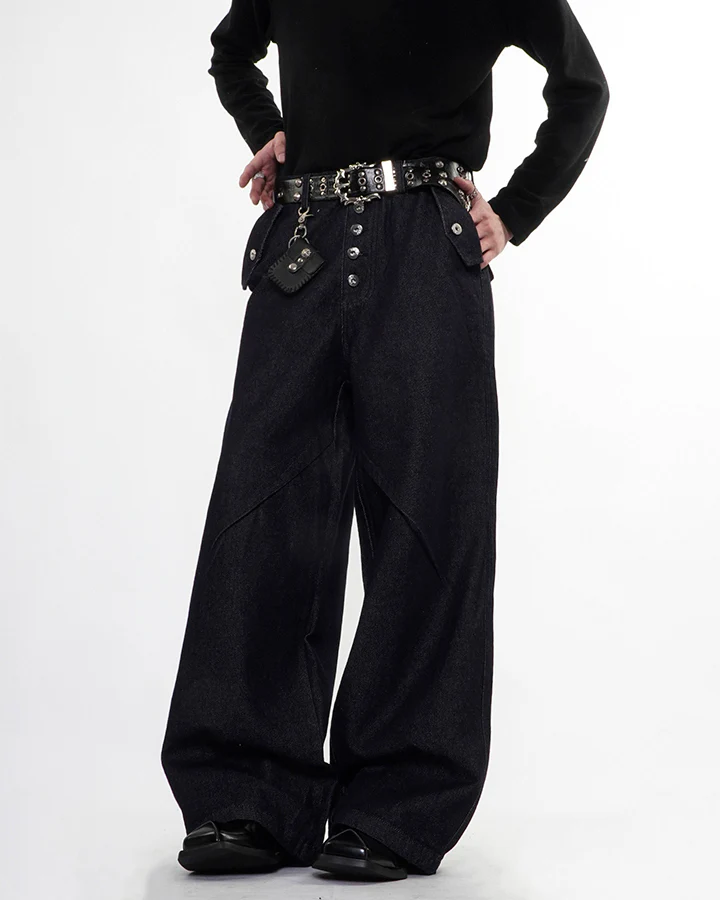 Dark Indigo Button Front Wide Denim Pants - Image 3