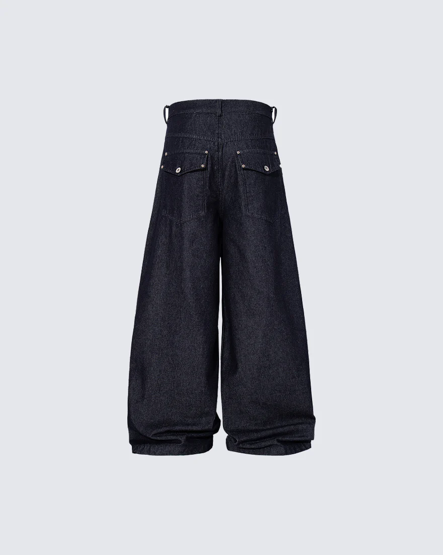 Dark Indigo Button Front Wide Denim Pants - Image 4