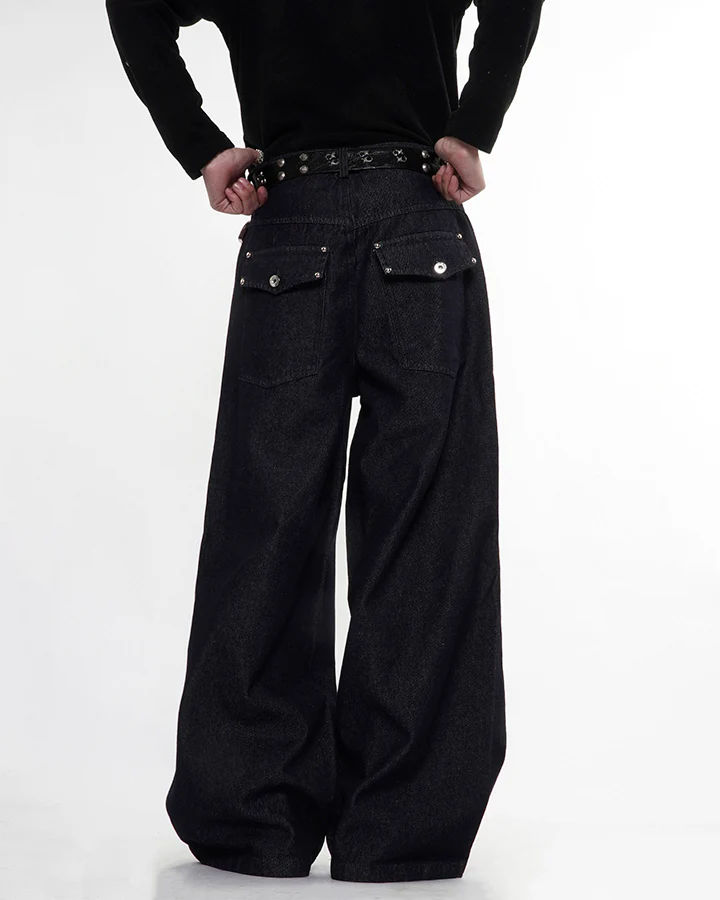 Dark Indigo Button Front Wide Denim Pants - Image 5
