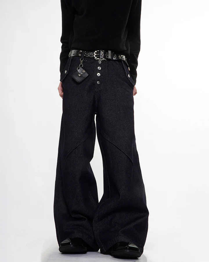 Dark Indigo Button Front Wide Denim Pants - Image 6
