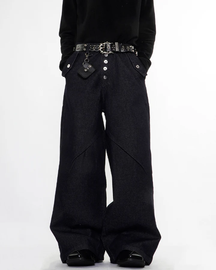 Dark Indigo Button Front Wide Denim Pants - Image 7