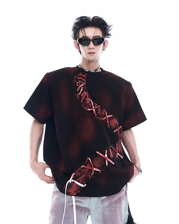 Dark Red Niche Heavy Spray Dye T-Shirt - Image 2
