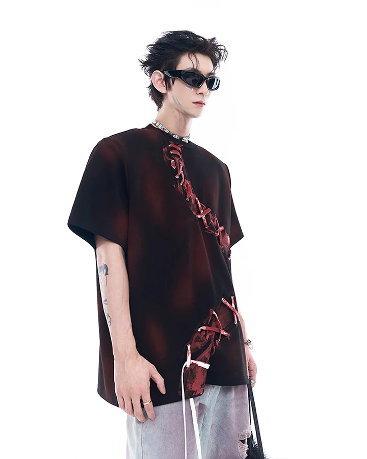 Dark Red Niche Heavy Spray Dye T-Shirt - Image 4