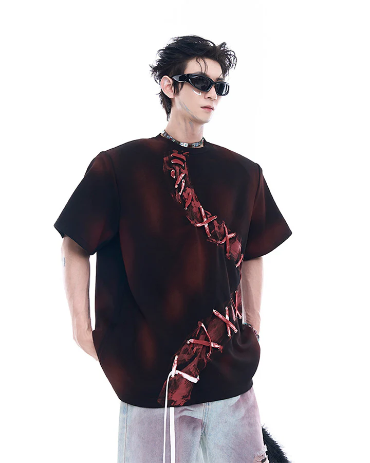 Dark Red Niche Heavy Spray Dye T-Shirt - Image 5