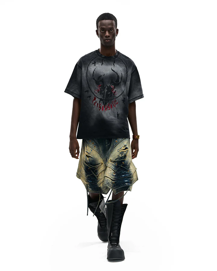 Dark Washed Deconstructed Lace-Up Denim Shorts - Image 10